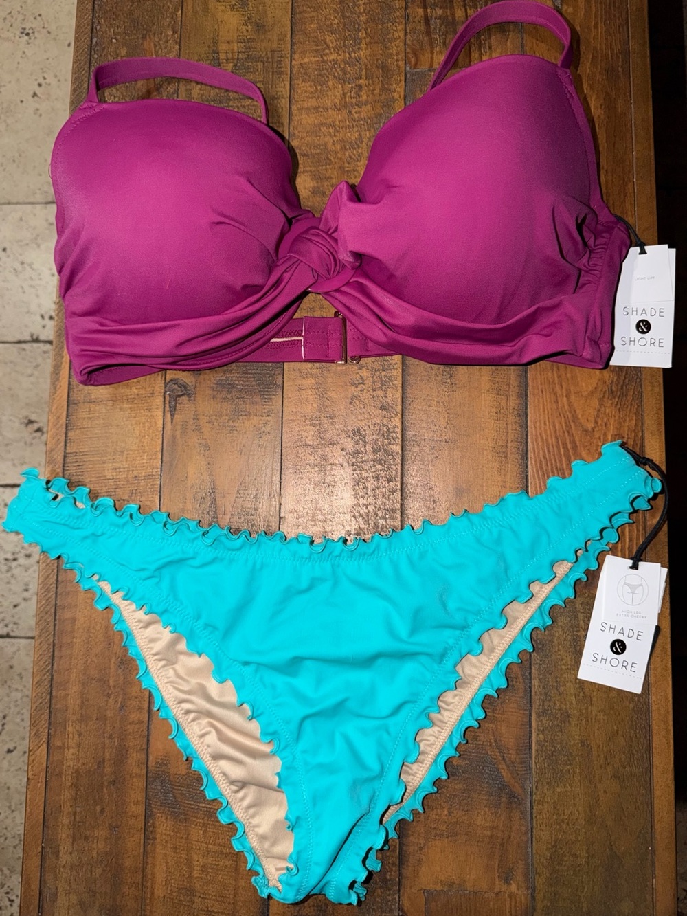 Shade & Shore Magenta Push-Up Bandeau Top with Aqua Ruffle Bikini Bottom